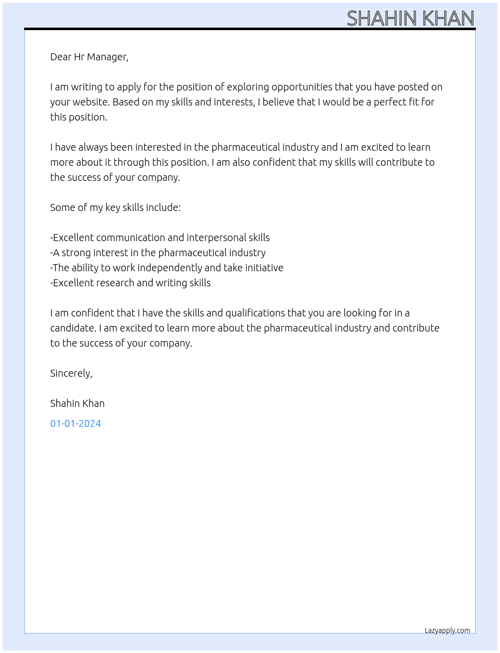 Exploring opportunities  At Dbl pharmaceutical  Cover Letter
