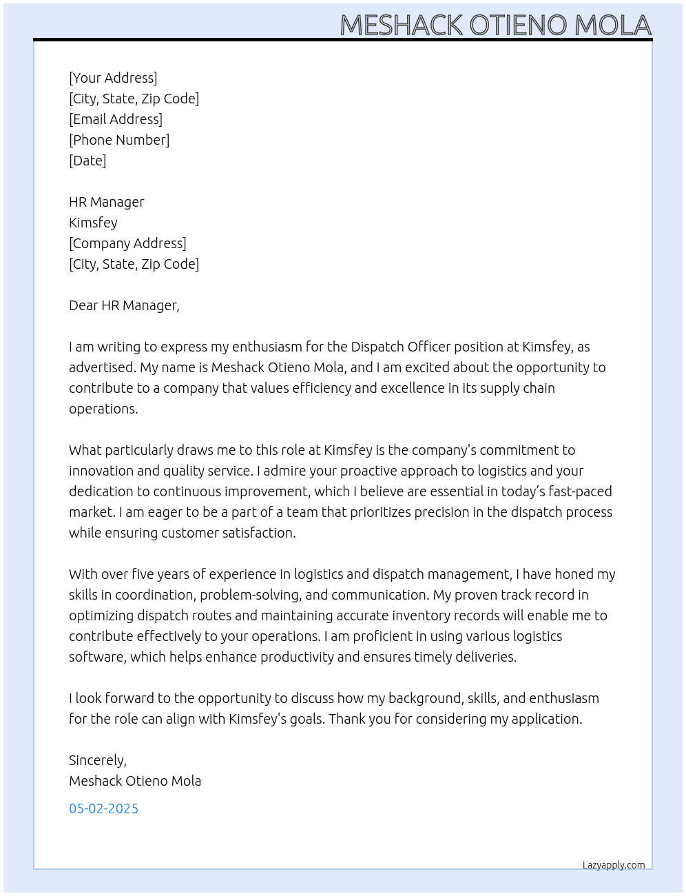 Dispatch Officer  At Kimsfey  Cover Letter
