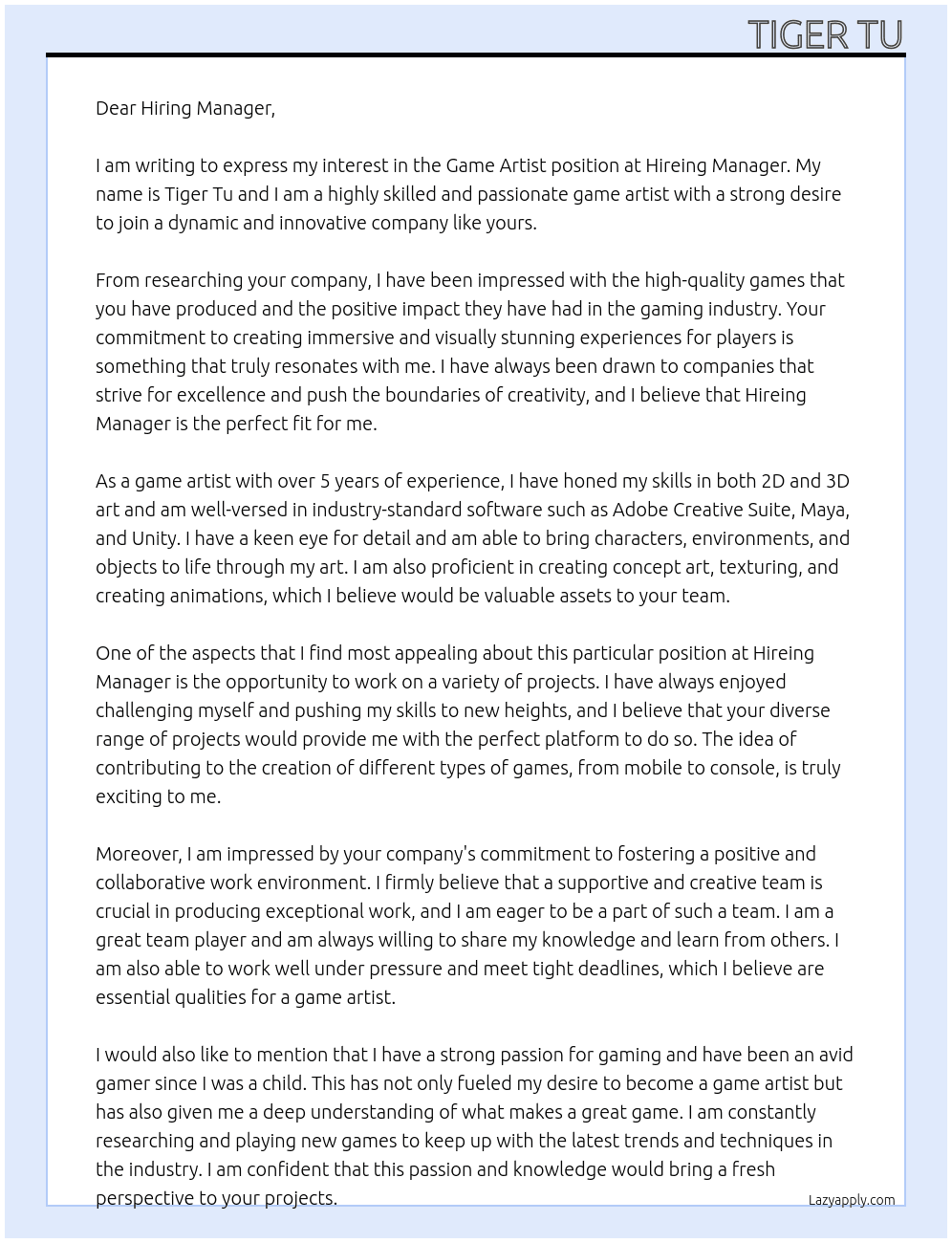 game artist At Hireing Manager Cover Letter