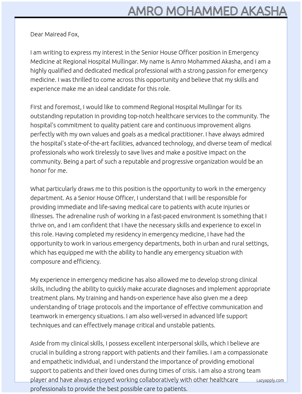 Senior House Officer in emergency medicine At Regional hospital mullingar Cover Letter