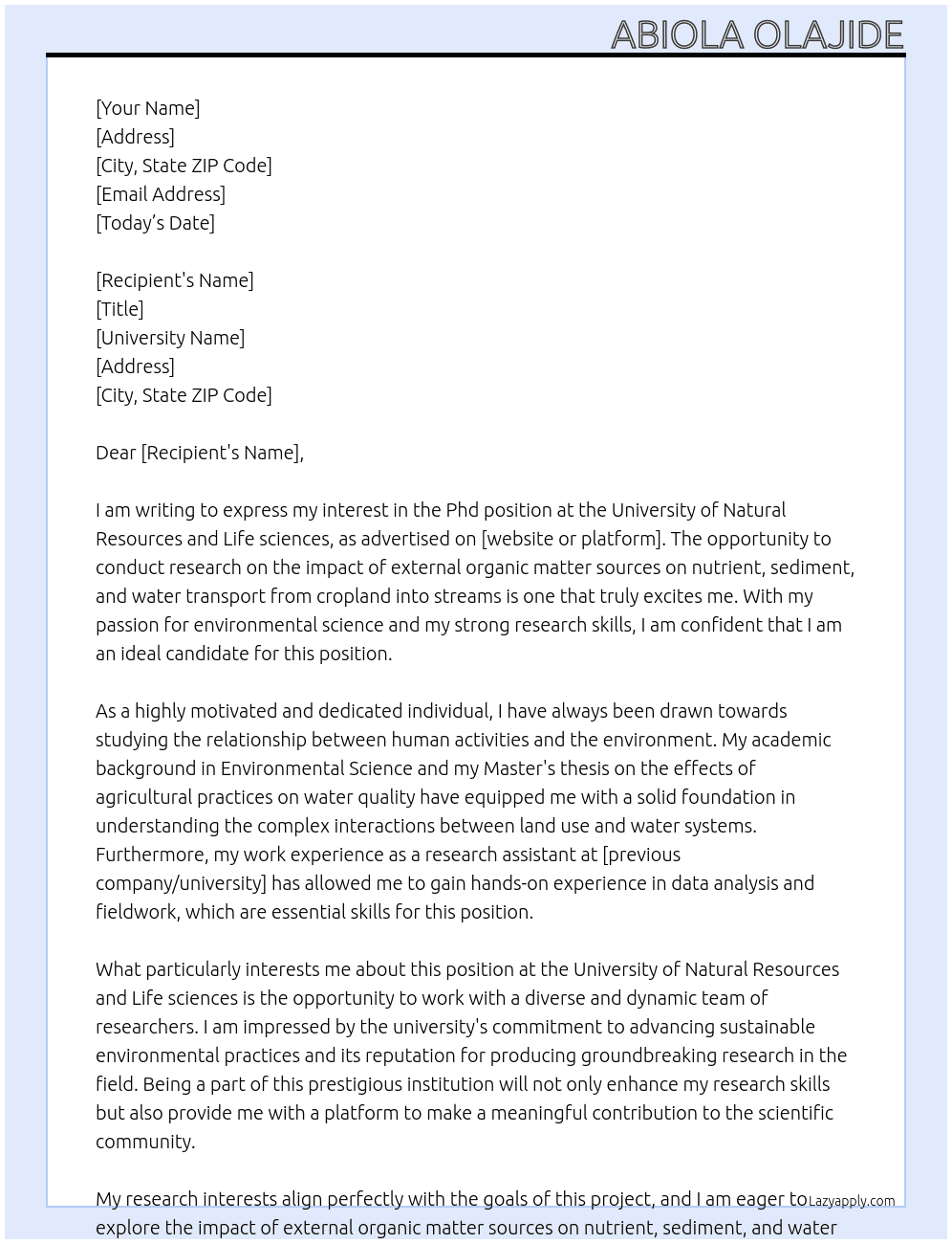 Phd At University of Natural Resources and Life sciences  Cover Letter