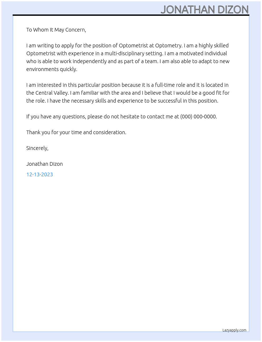 Optometrist At Optometry  Cover Letter