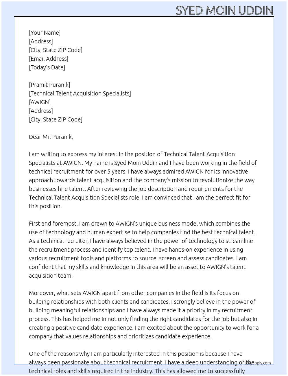 Technical Talent Acquisition Specialists At AWIGN Cover Letter