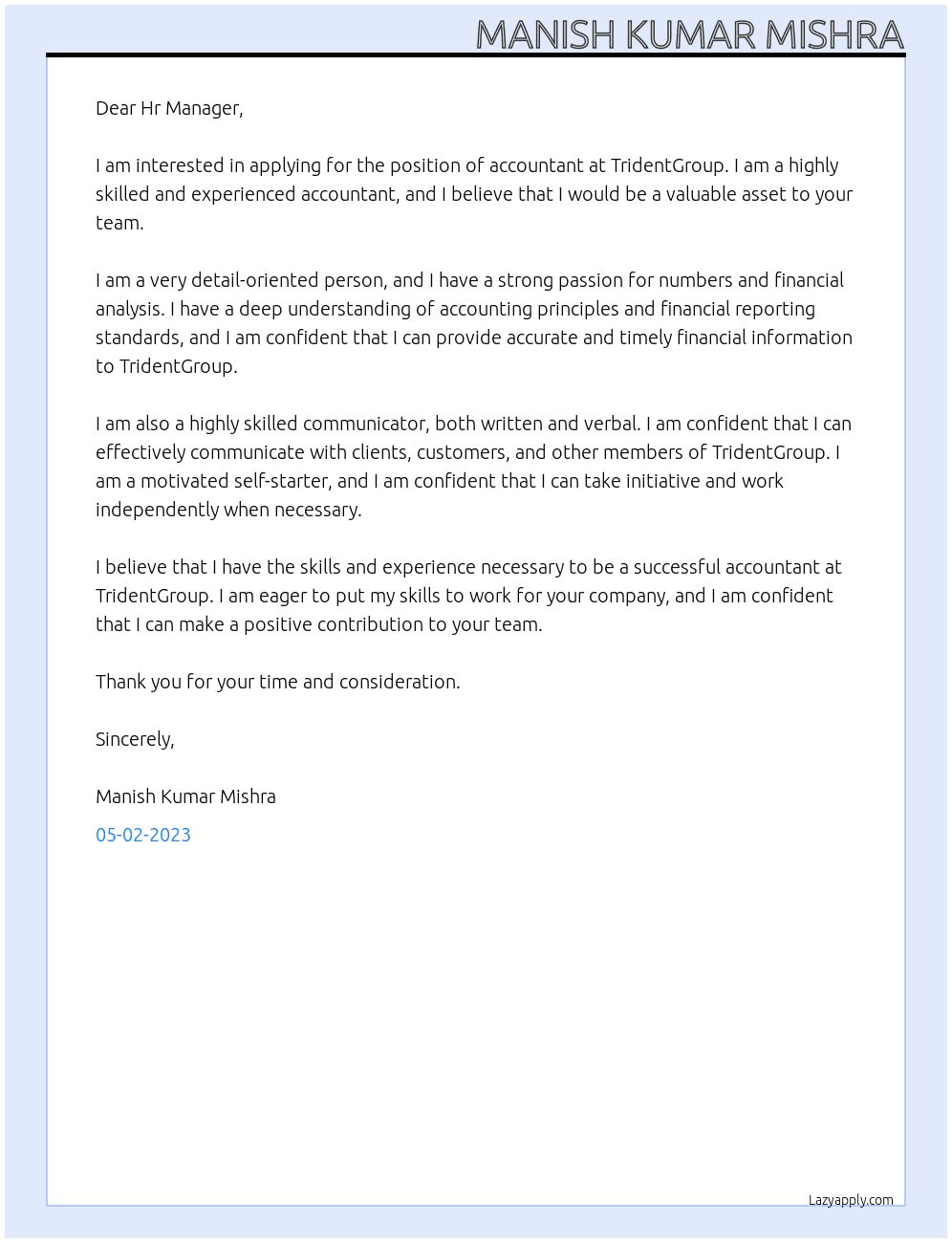 Accountant At TridentGroup Cover Letter