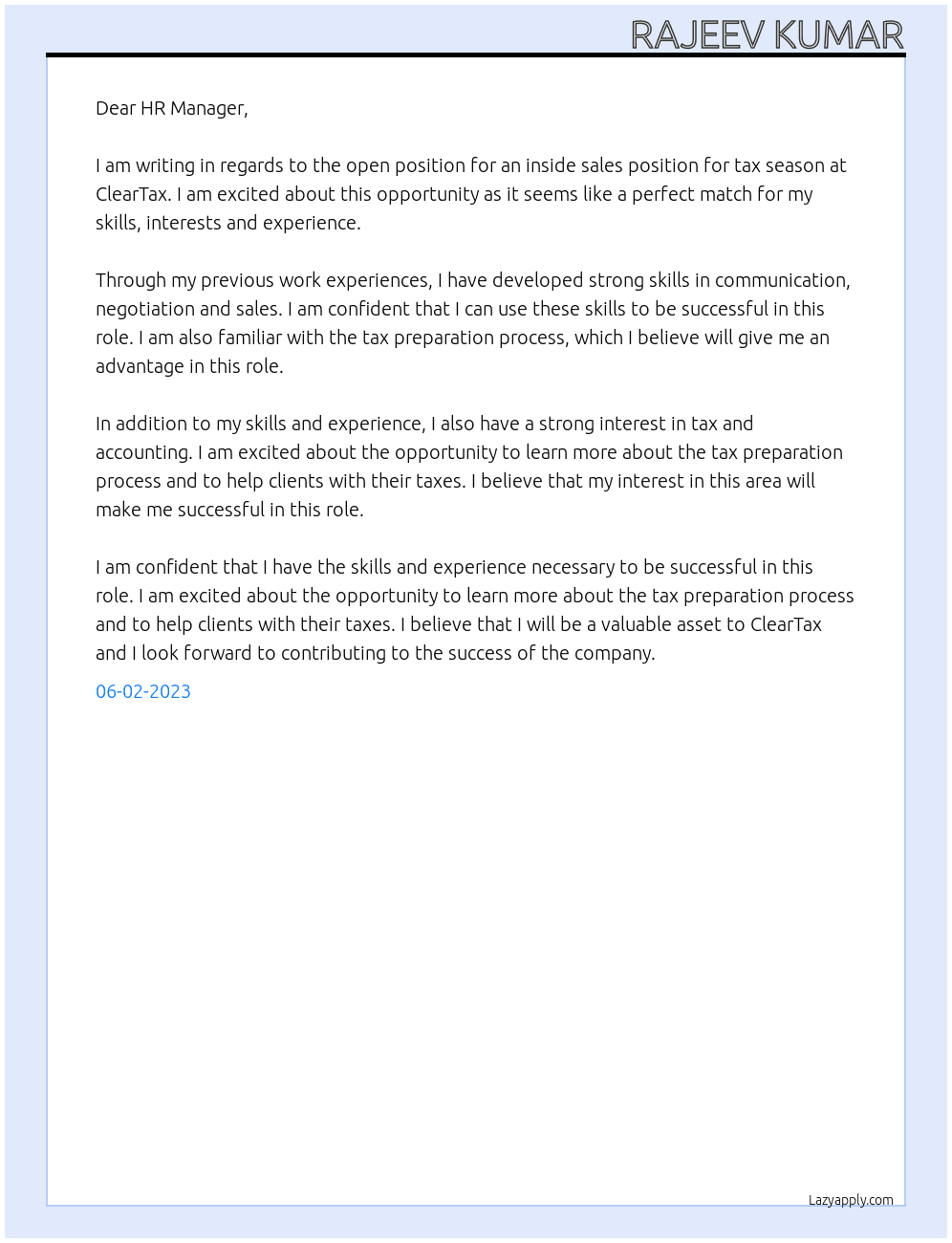 Inside Sales - For Tax Season At ClearTax Cover Letter