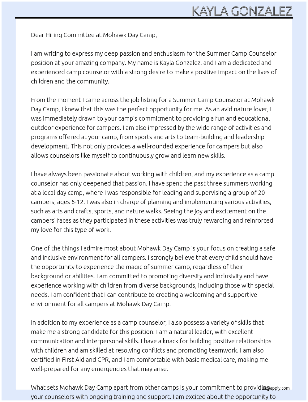 Summer Camp Counselor At Mohawk Day Camp Cover Letter