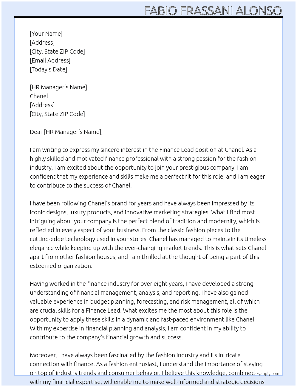 Finance Lead At Chanel Cover Letter