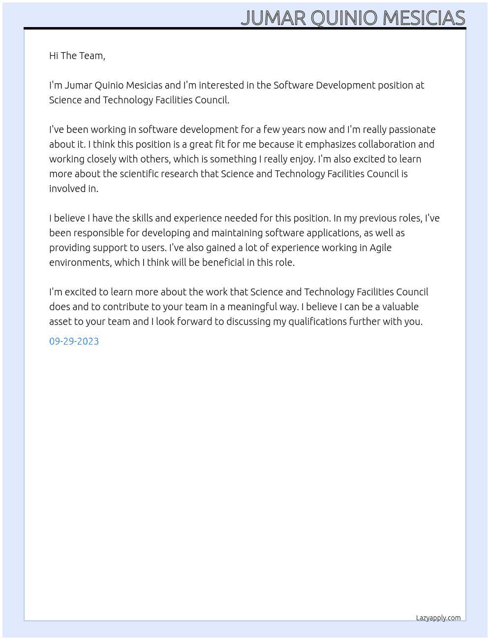 Software Development At Science and Technology Facilities Council Cover Letter