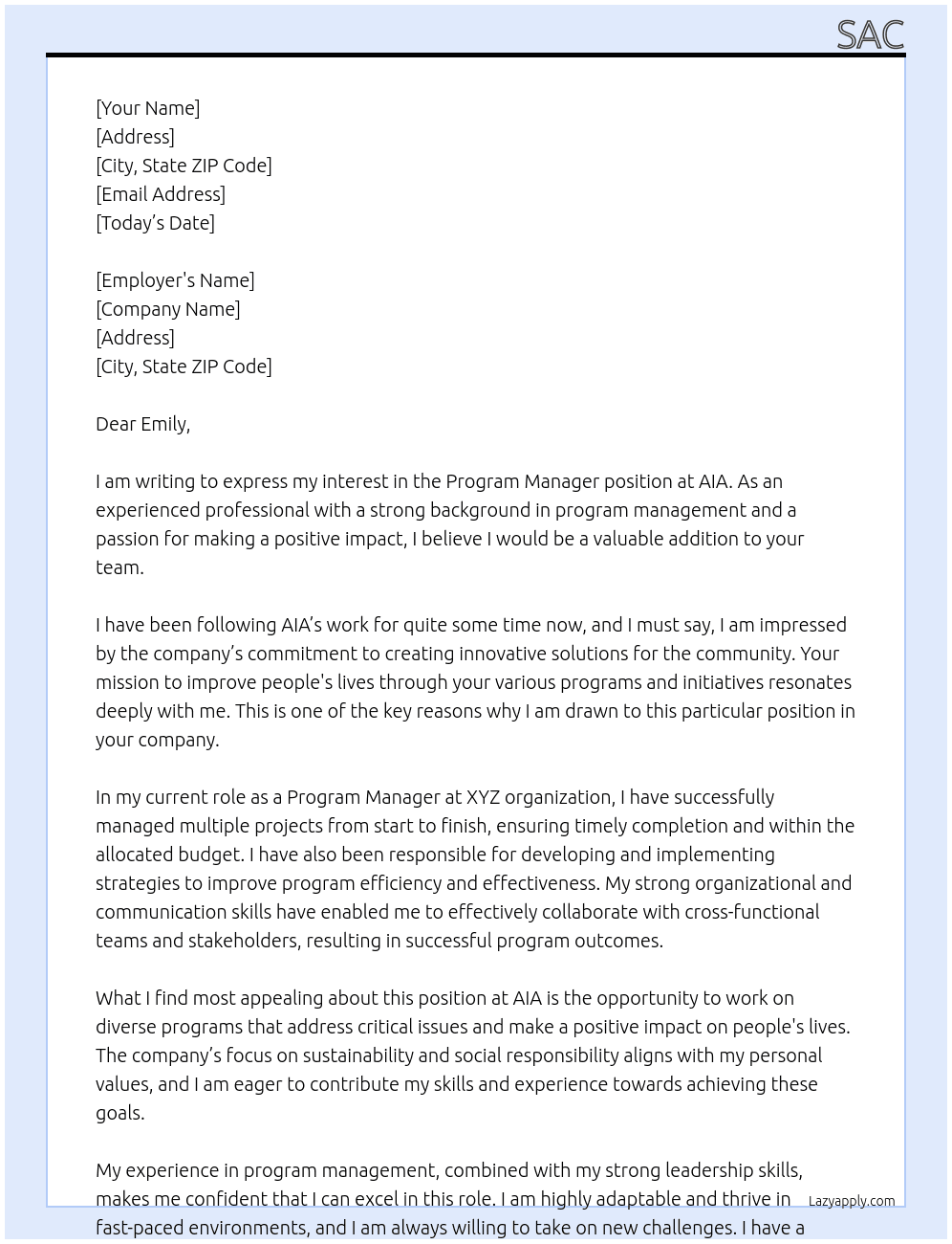 Program Manager At AIA Cover Letter