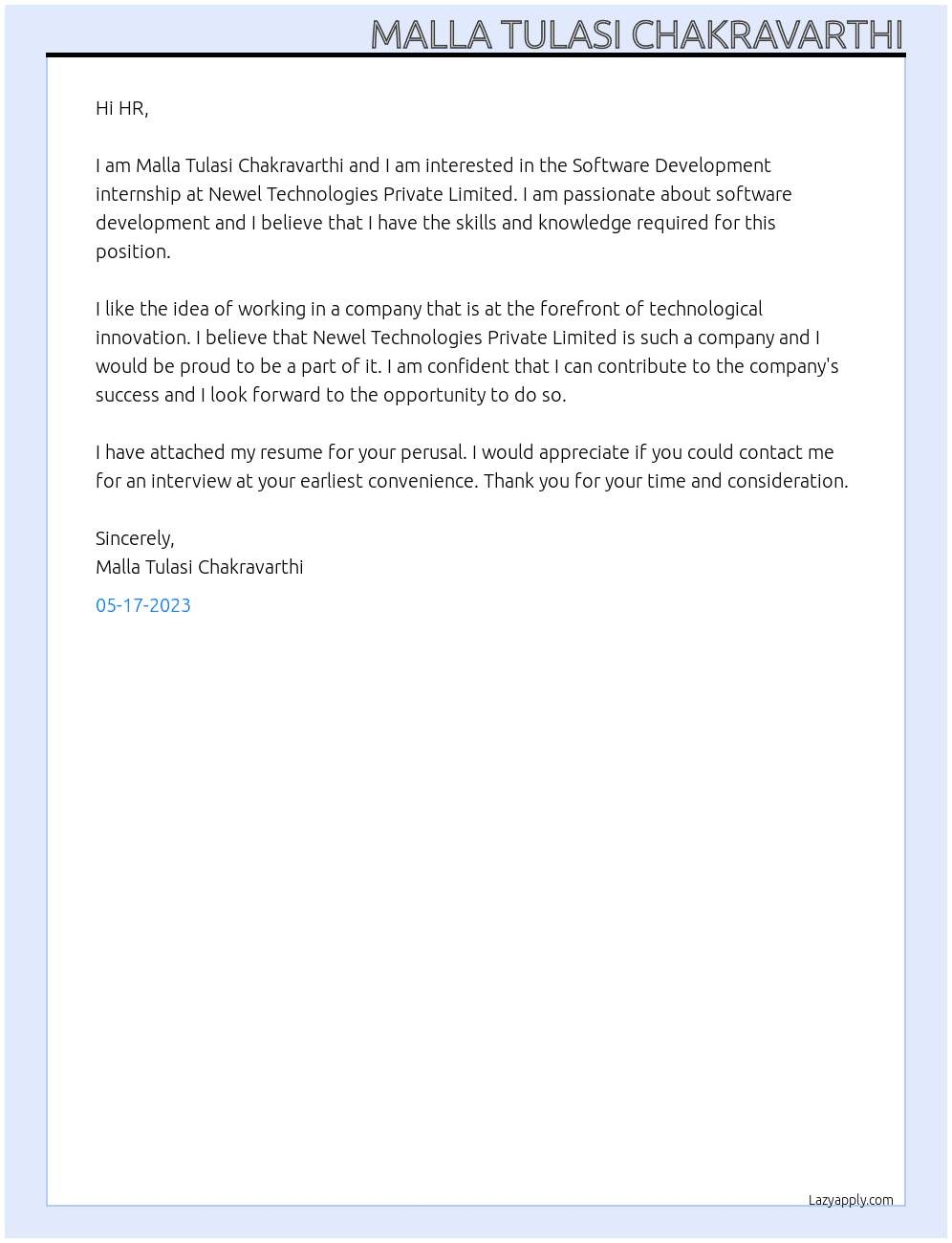 Software Development internship At Newel Technologies Private Limited Cover Letter