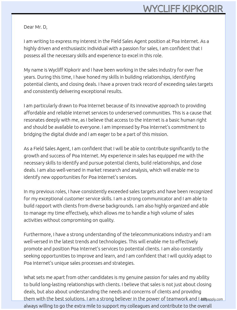 Field sales agent At Poa Internet  Cover Letter