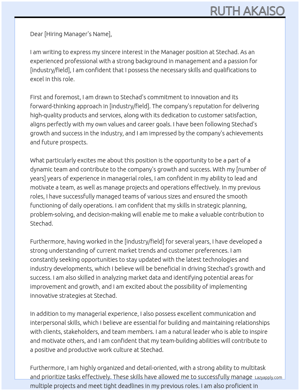 Manager At stechad Cover Letter