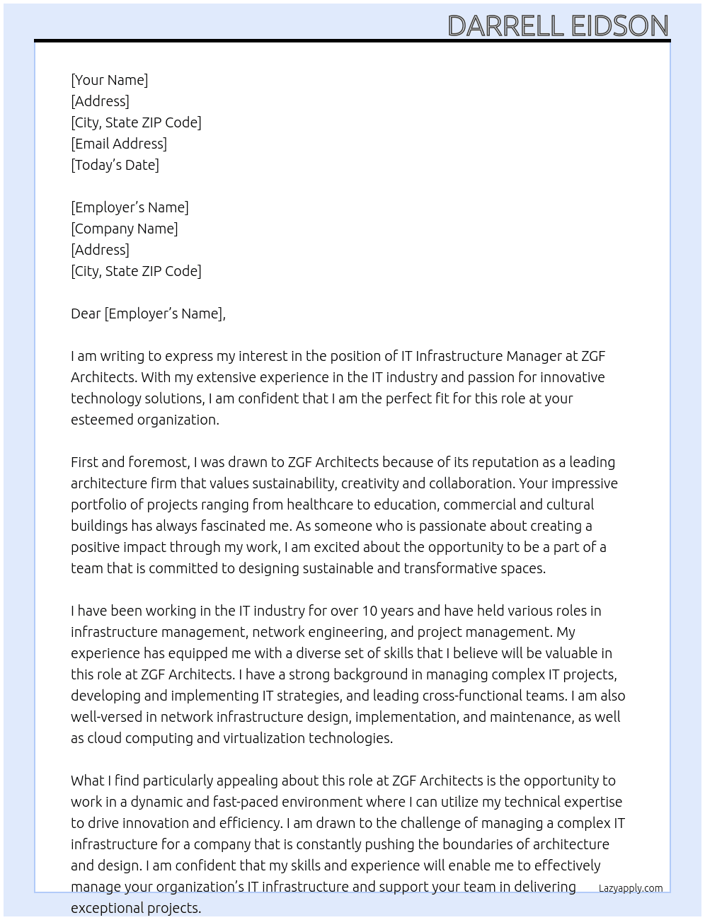IT Infrastructure Manager At ZGF Architects Cover Letter
