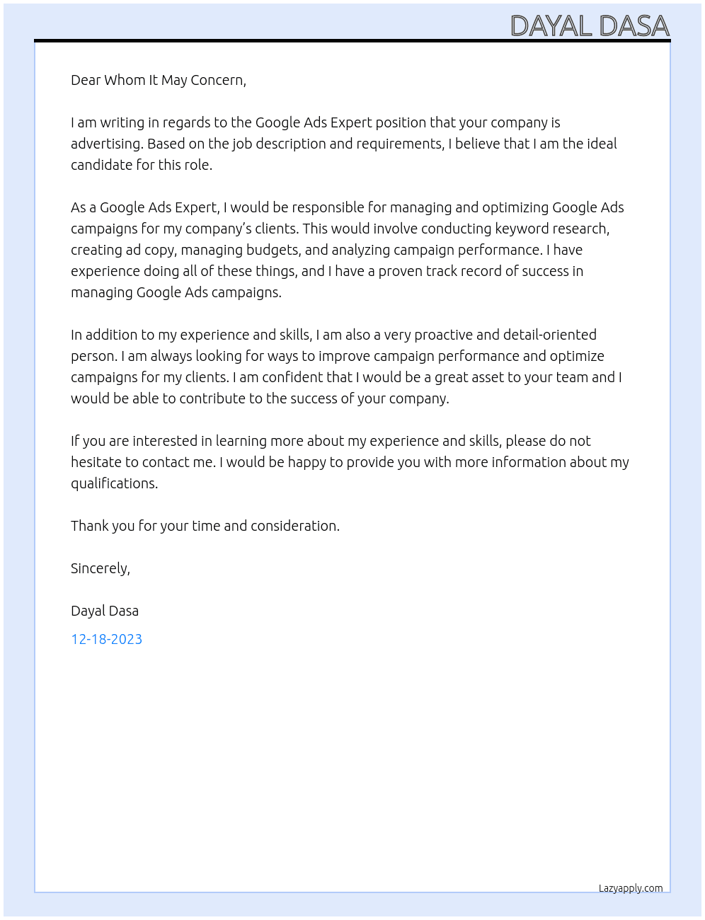Google Ads Expert At Project Proposal Cover Letter