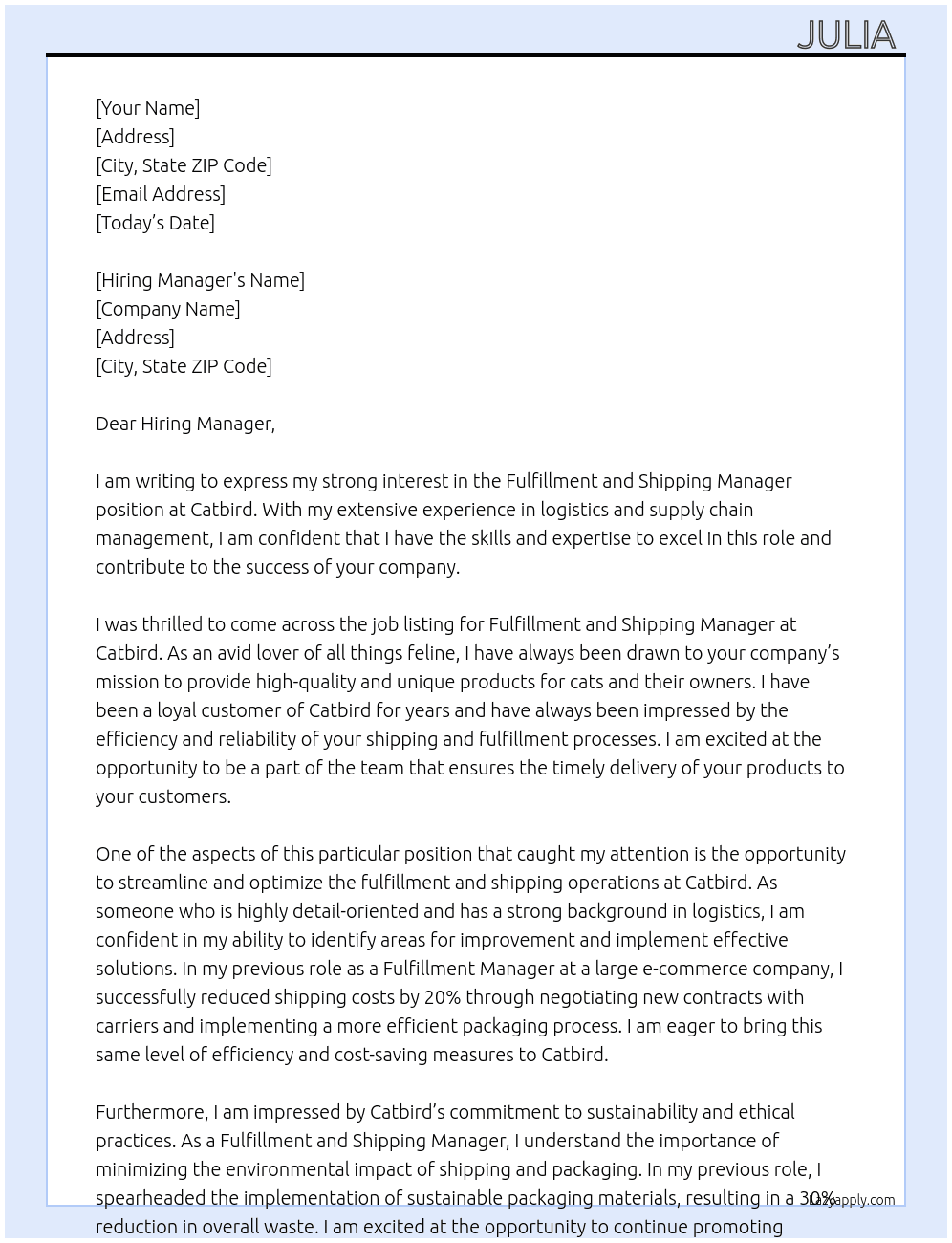 Fulfillment and Shipping Manager At Catbird Cover Letter