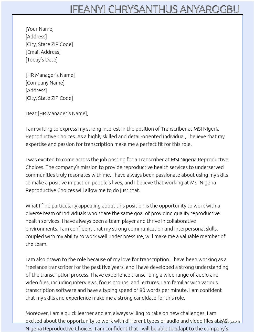 Transcriber  At MSI Nigeria Reproductive Choices Cover Letter