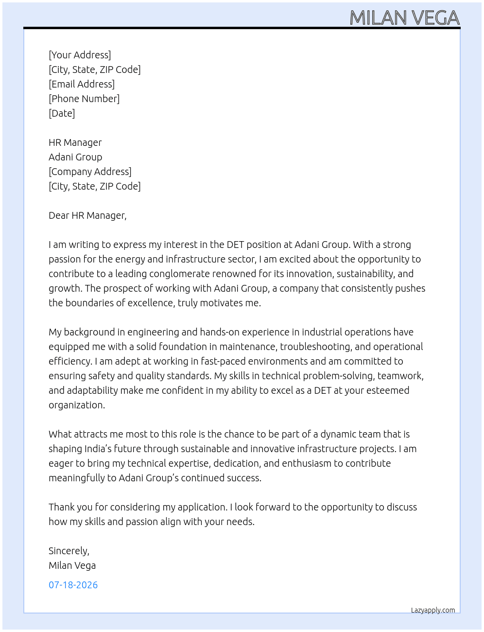 Cover letter for det - LazyApply