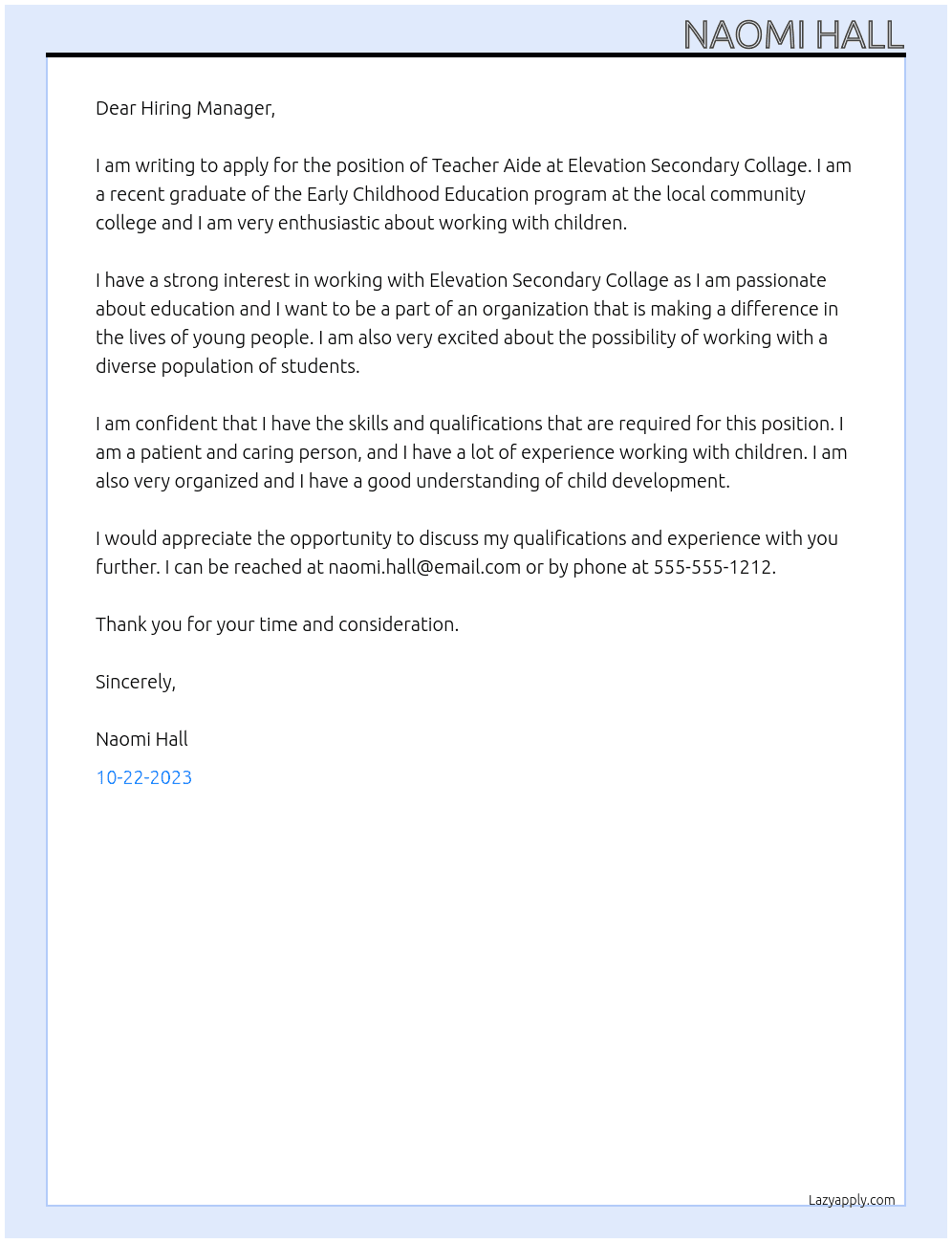 Teacher Aide  At Elevation Secondary Collage  Cover Letter