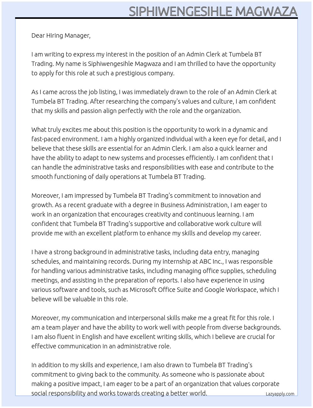 admin clerk  At Tumbela BT Trading Cover Letter