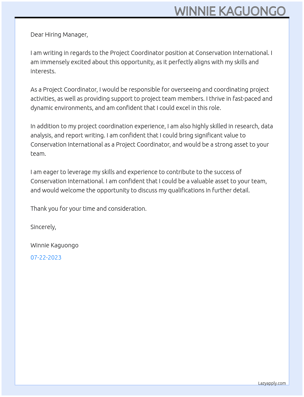 Project Coordinator  At Conservation International  Cover Letter