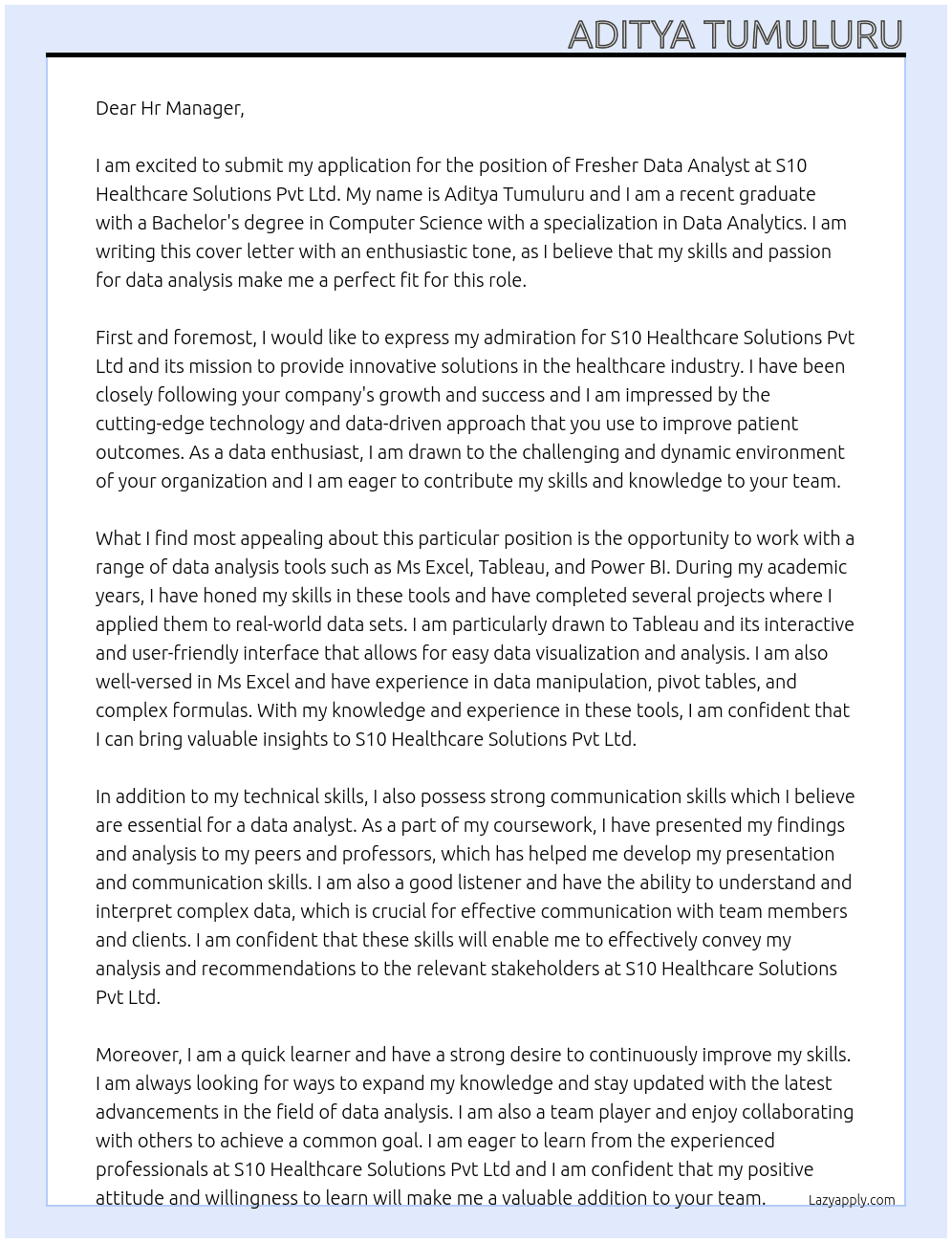 Fresher Data Analyst  At S10 Healthcare Solutions Pvt Ltd  Cover Letter