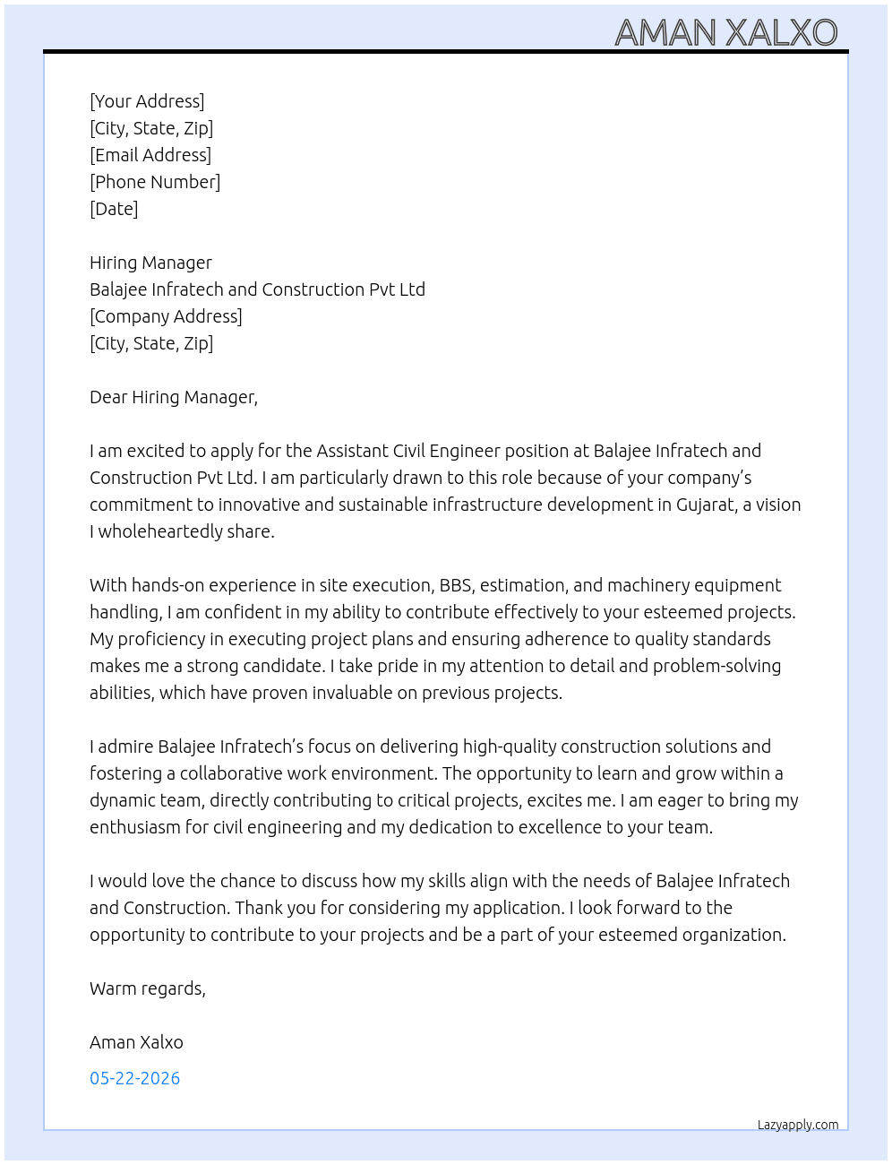 Cover letter for assistant civil engineer - LazyApply