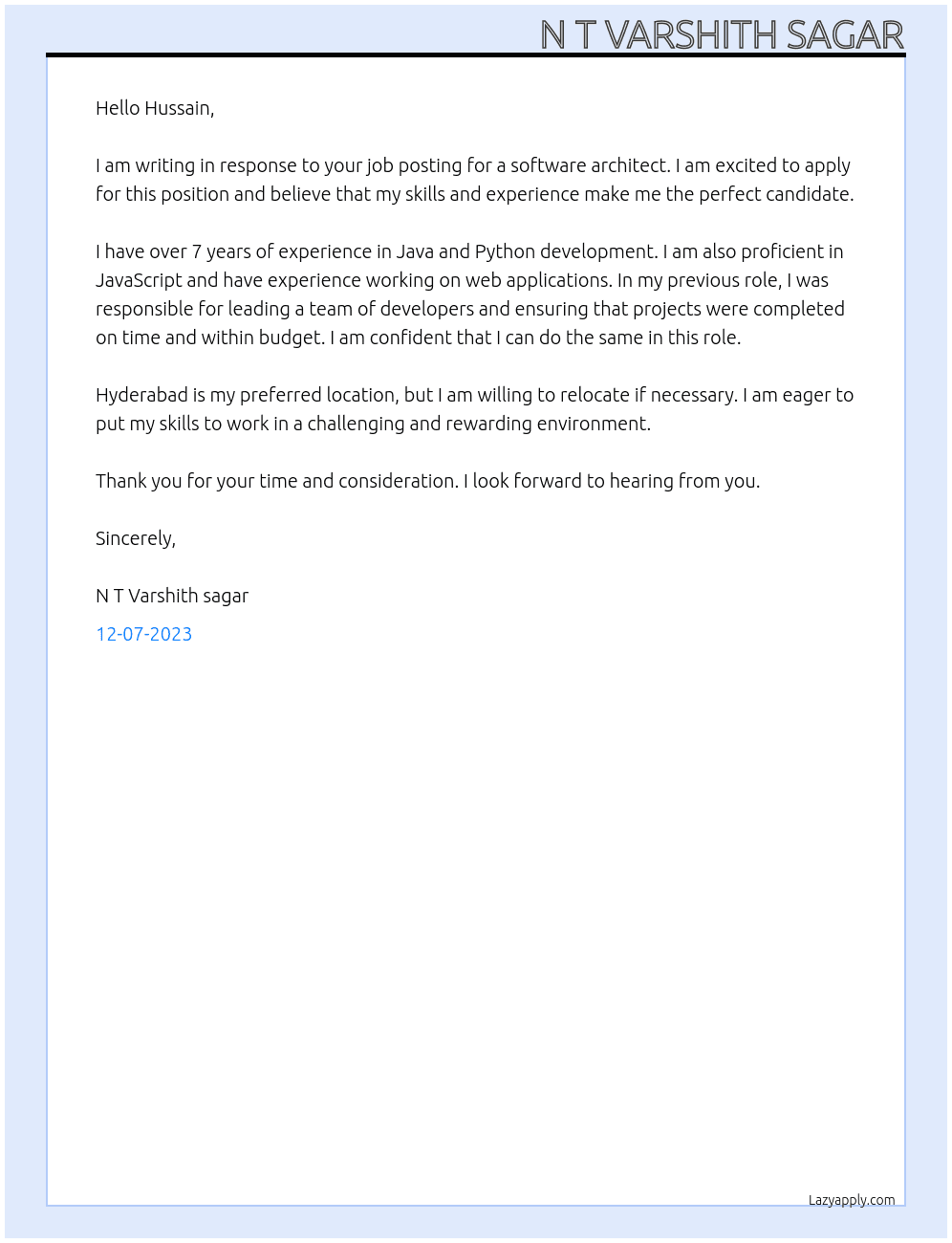 Software architect At Accenture Cover Letter