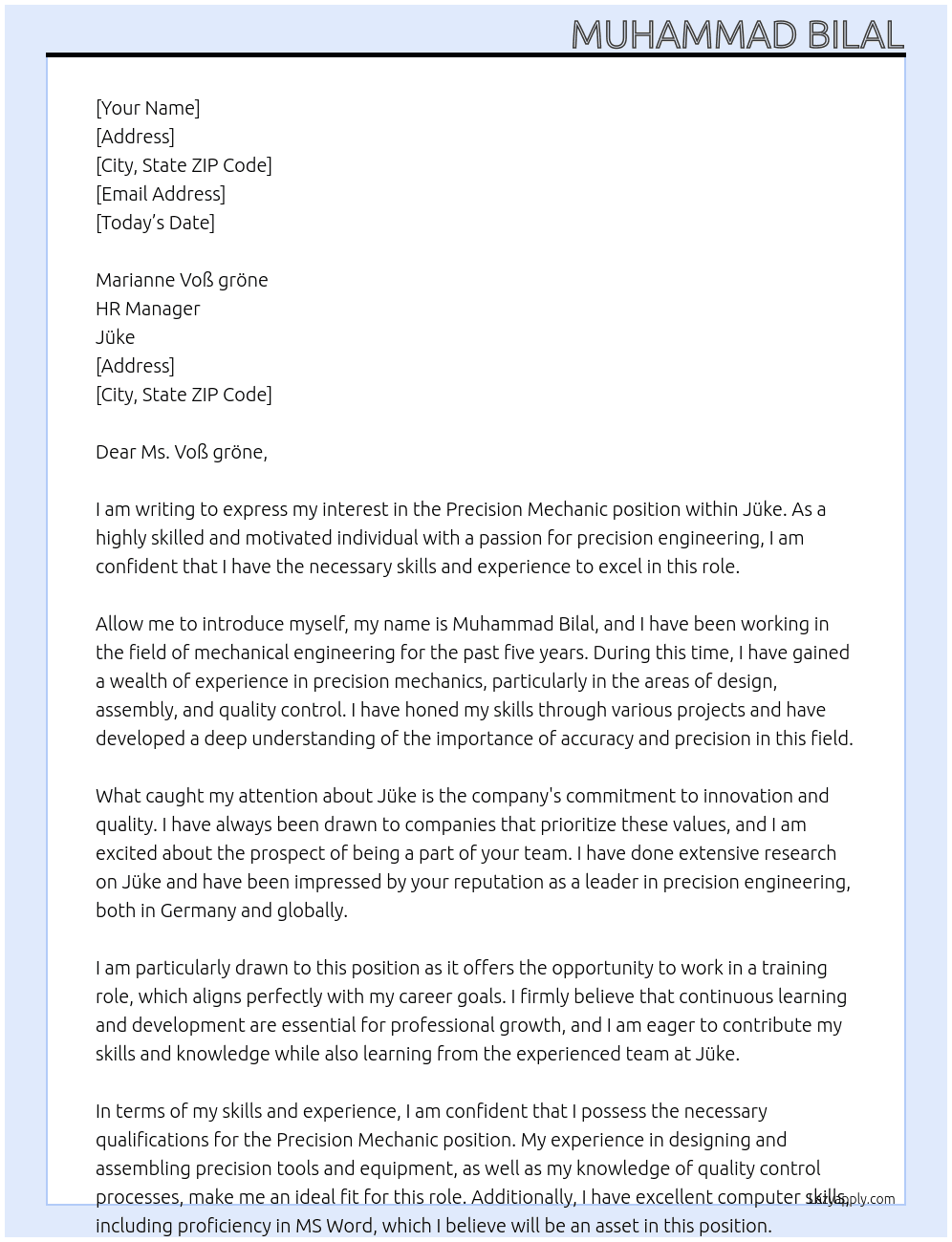 PRECISION MECHANIC At Jüke Cover Letter