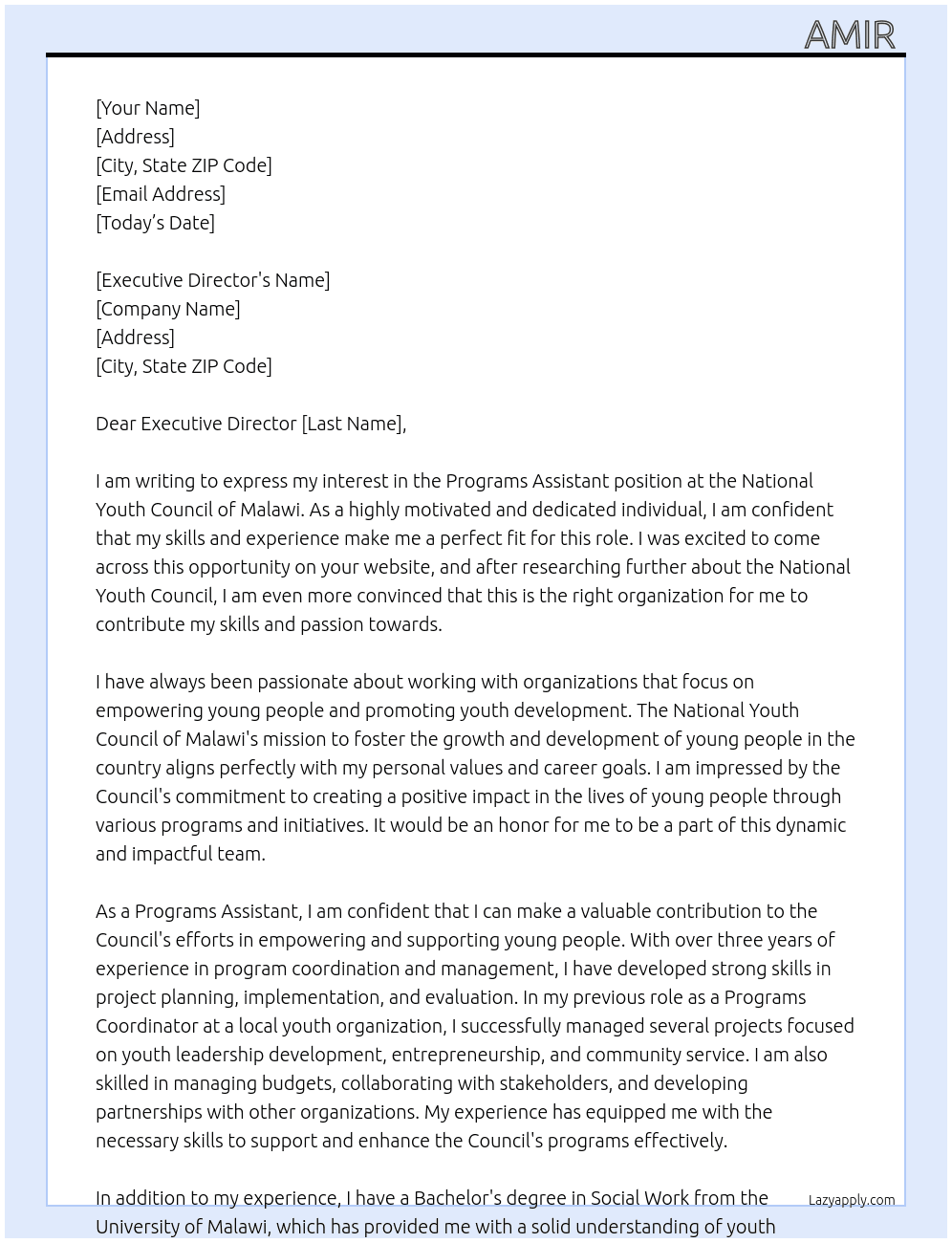 Programs assistant At National youth council of Malawi  Cover Letter