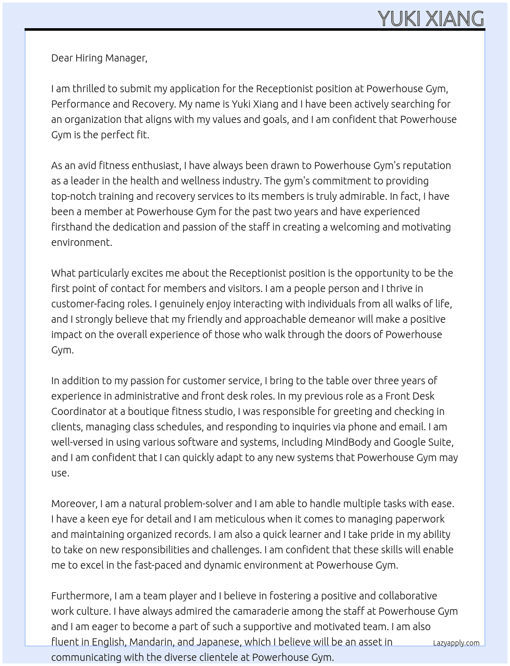 Receptionist  At Powerhouse Gym, Performance and Recovery  Cover Letter