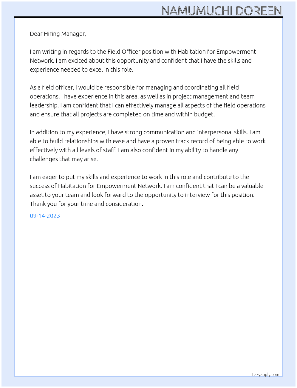 Field officer At Habitation for empowerment network Cover Letter