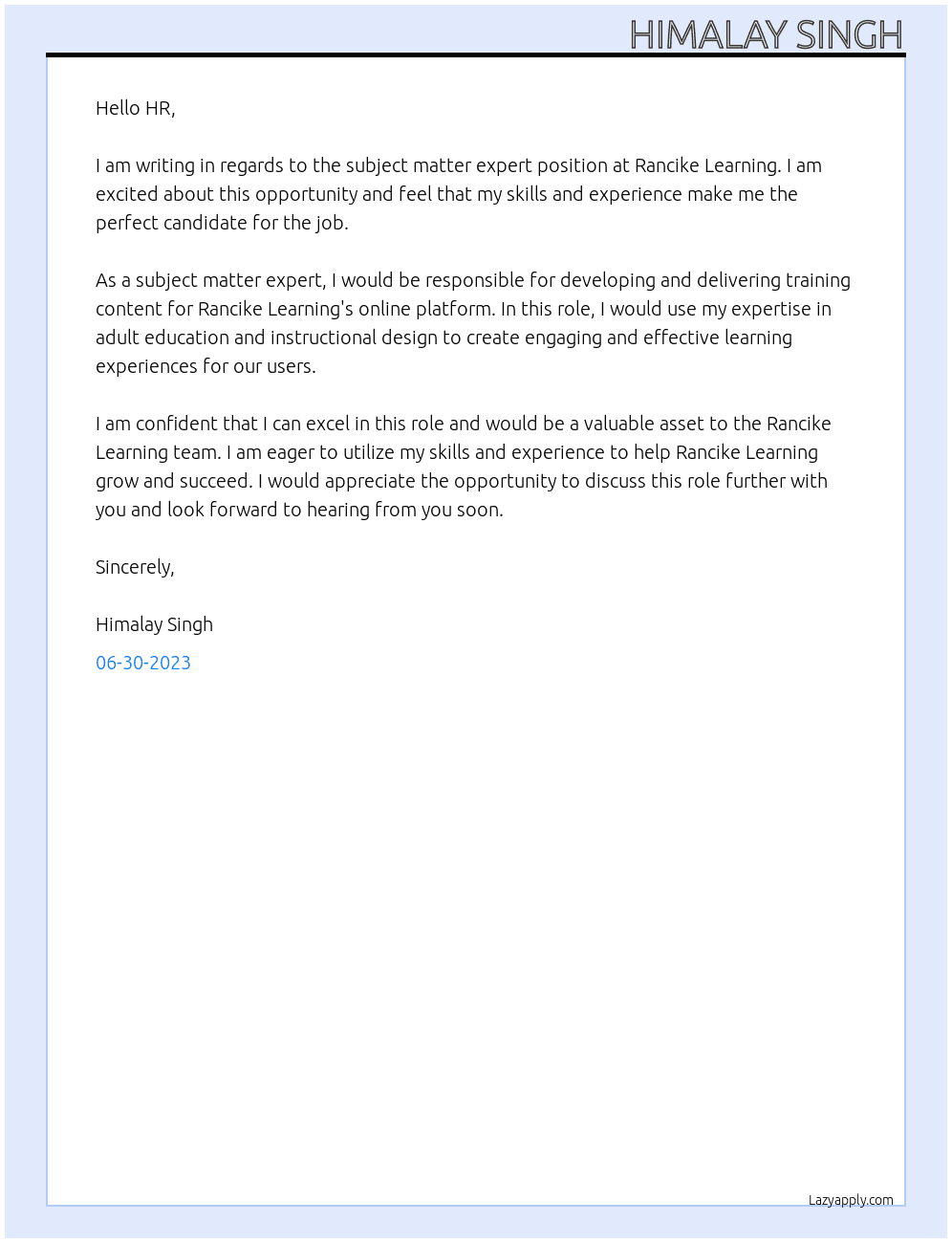 Subject matter expert At Rancike Learning Cover Letter