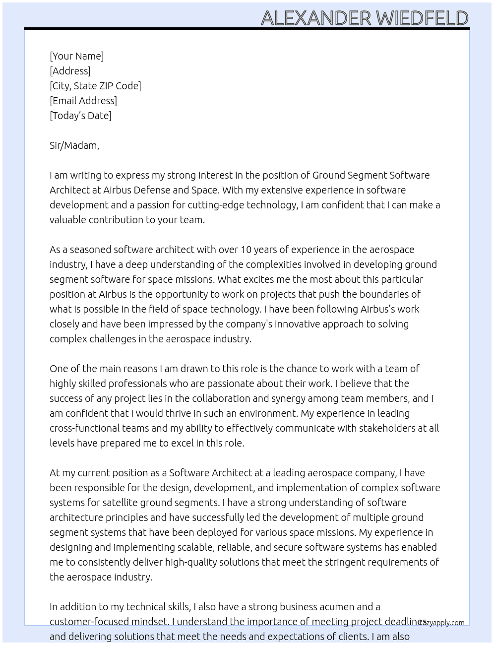 Ground Segment Software Architect At Airbus Defense and Space Cover Letter