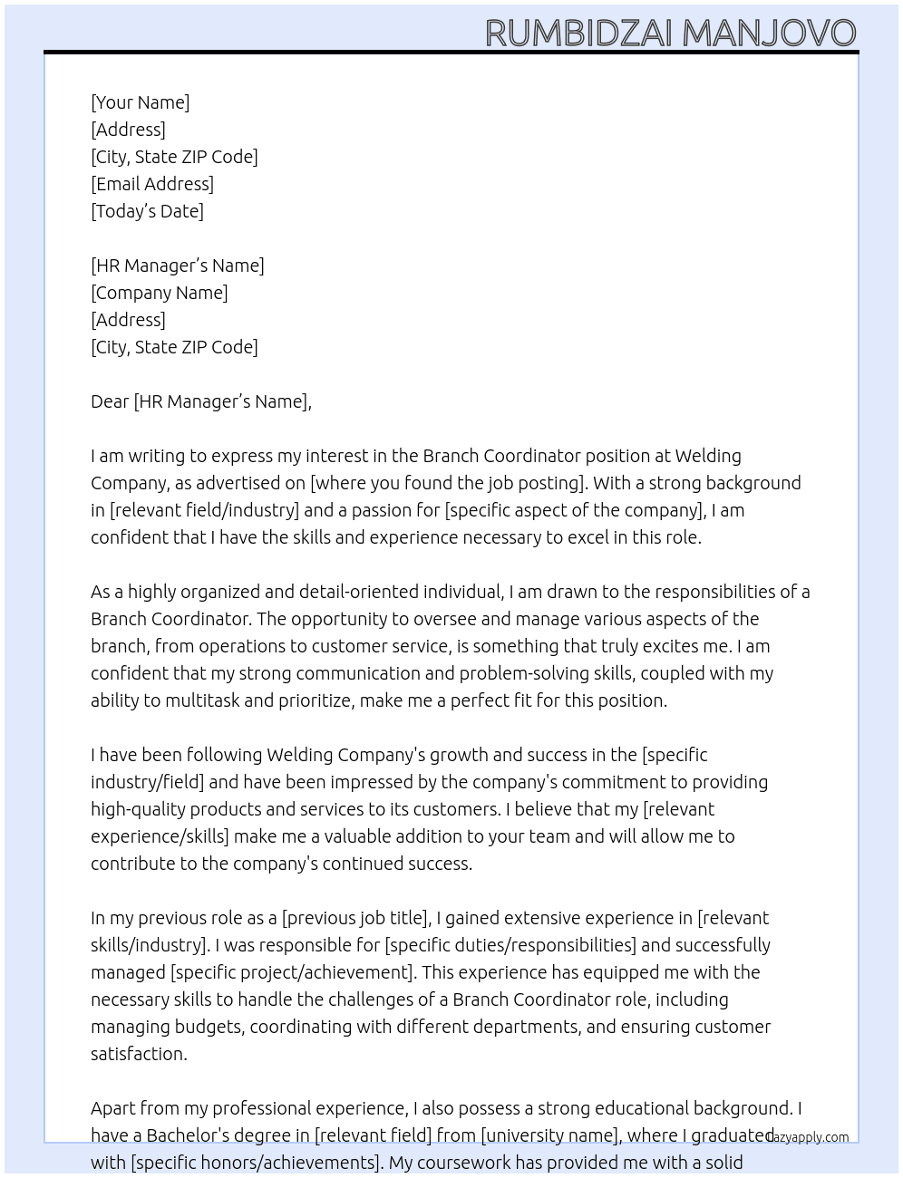 Branch Coordinator  At Welding company  Cover Letter