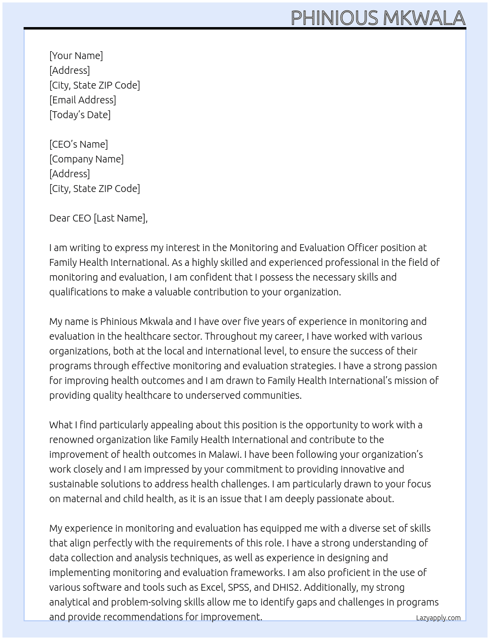 Monitoring and evaluation officer At Family Heath Iternational Cover Letter