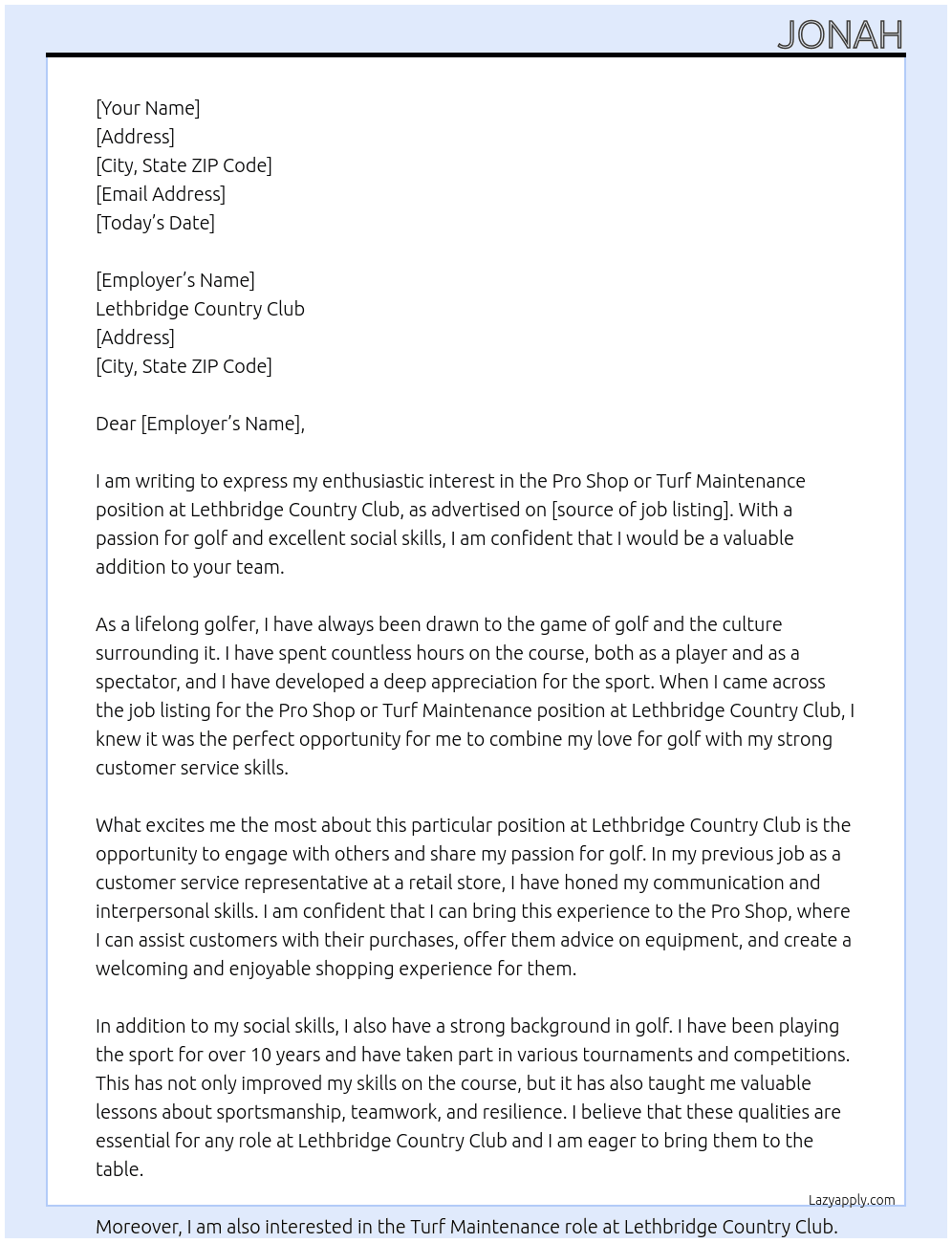 Cover letter for pro shop or turf maintenance - LazyApply