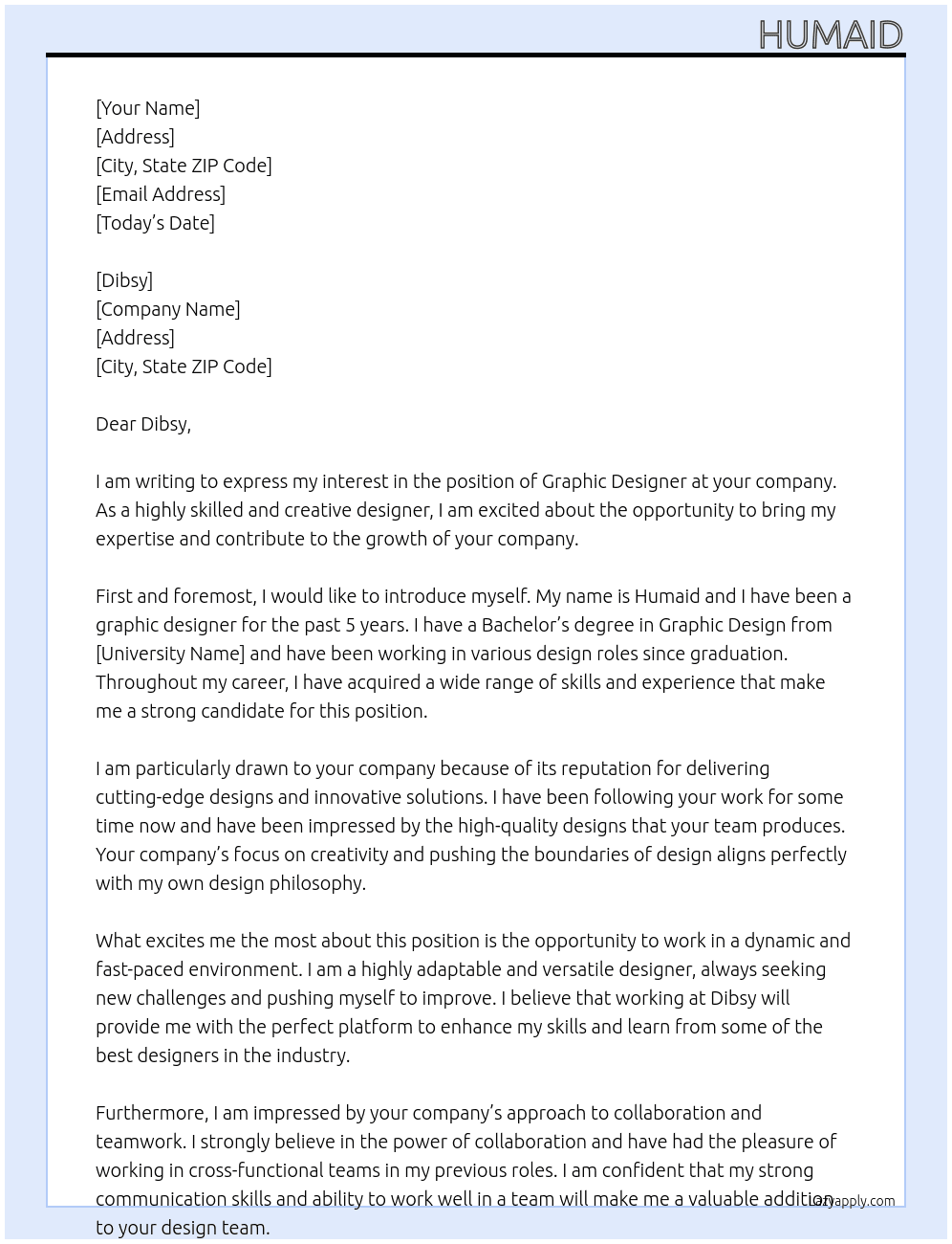 graphic designer At Dibsy Cover Letter