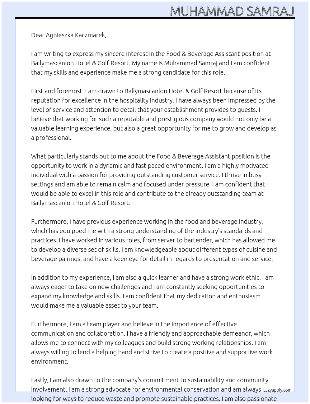 Food & Beverage Assistant At Ballymascanlon Hotel & Golf Resort Cover Letter