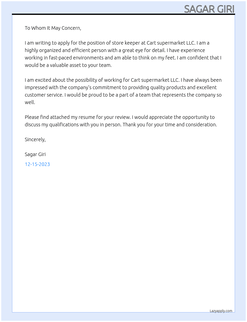 Store keeper At Cart supermarket LLC Cover Letter