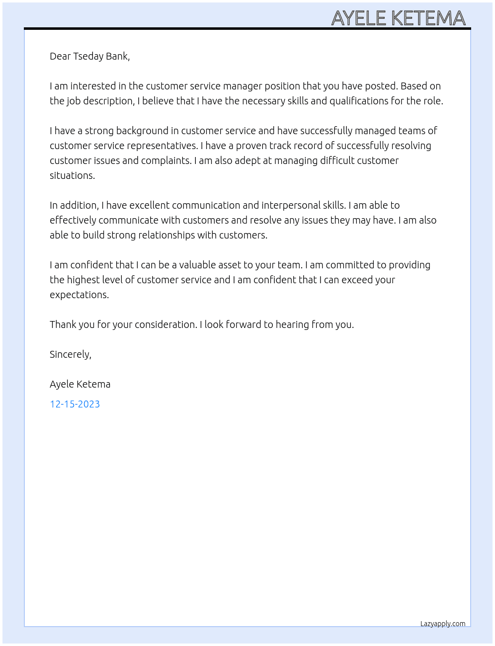 Customer service Manager  At Tseday Bank  Cover Letter