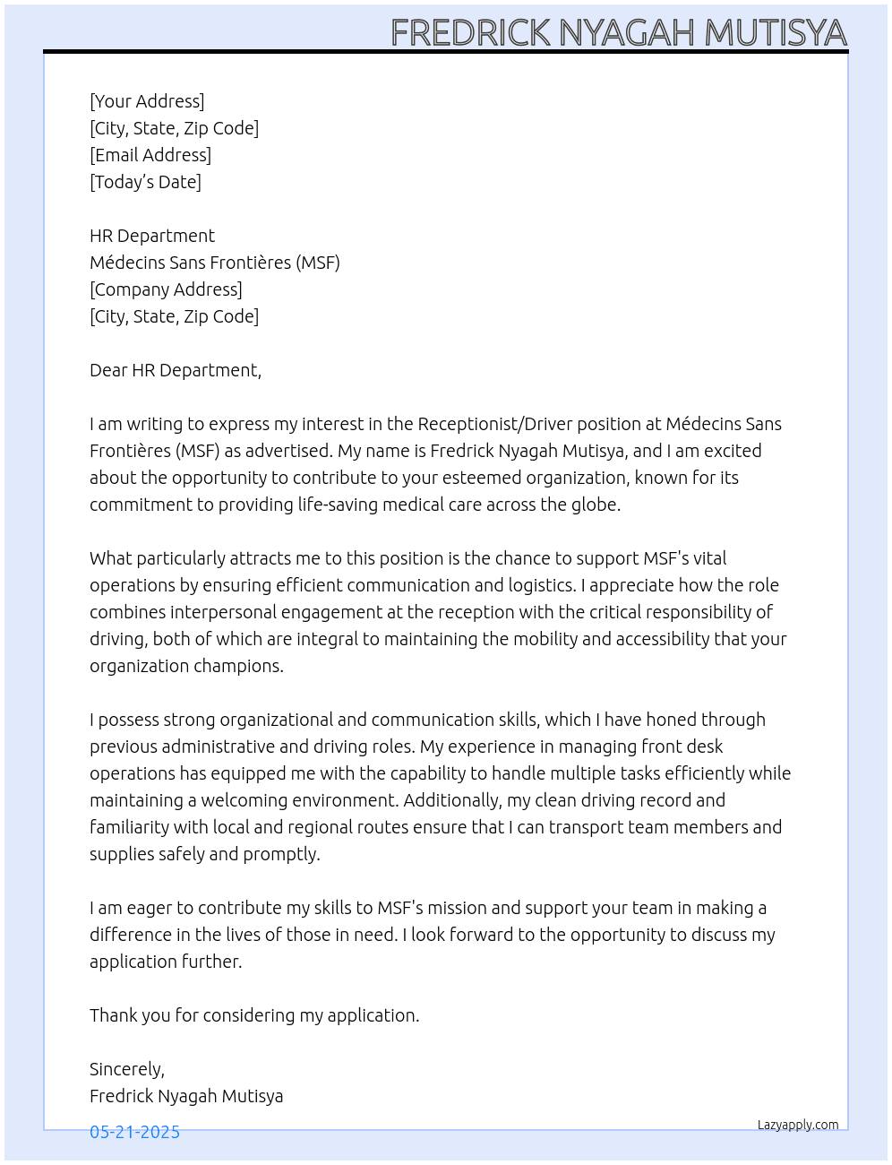 Cover letter for receptionist/driver - LazyApply