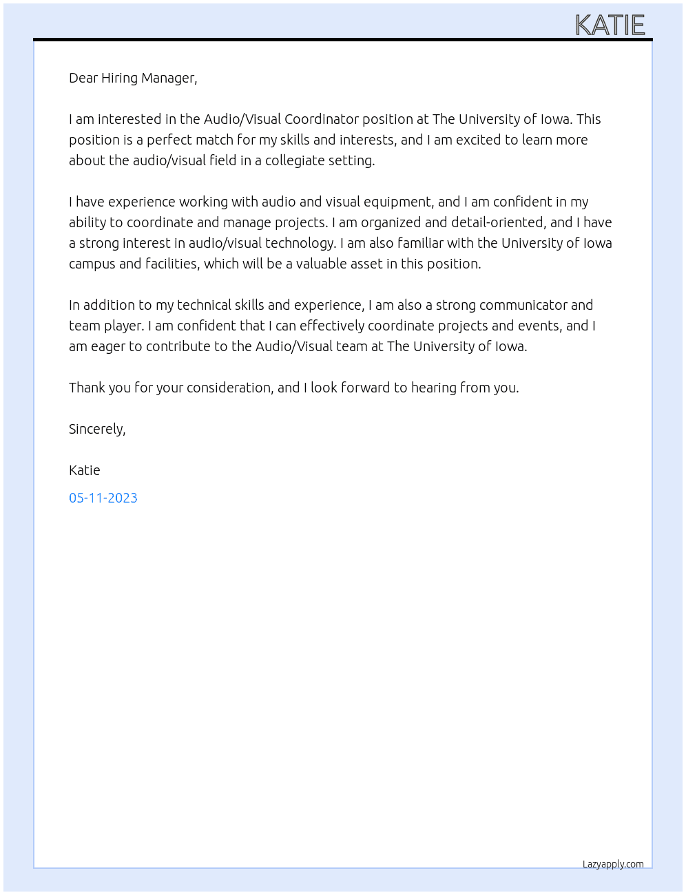 Audio/Visual Coordinator  At The University of Iowa  Cover Letter