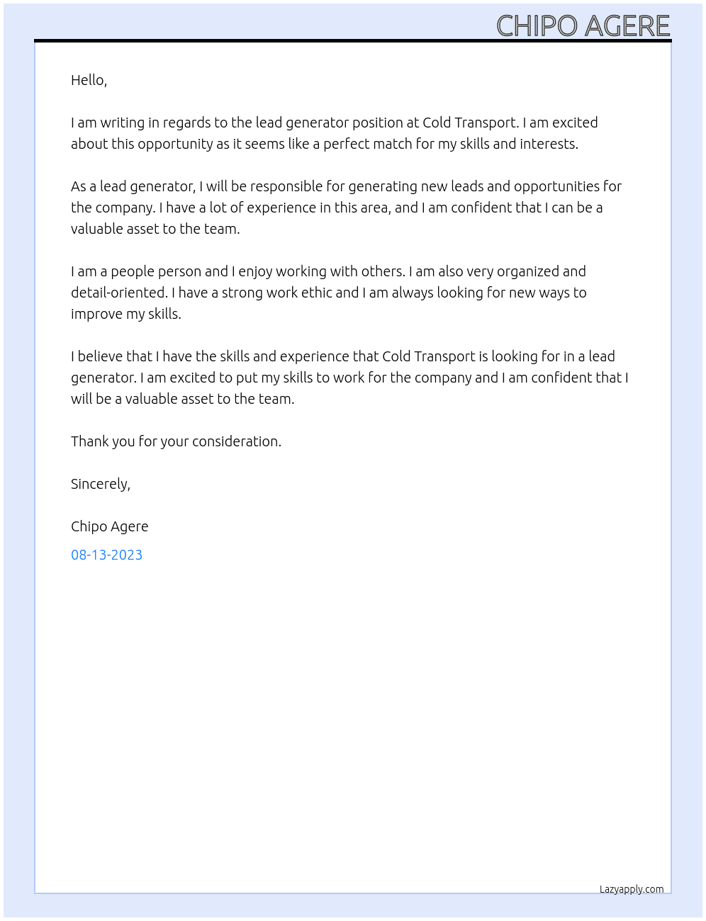 Lead Generator At Cold Transport  Cover Letter
