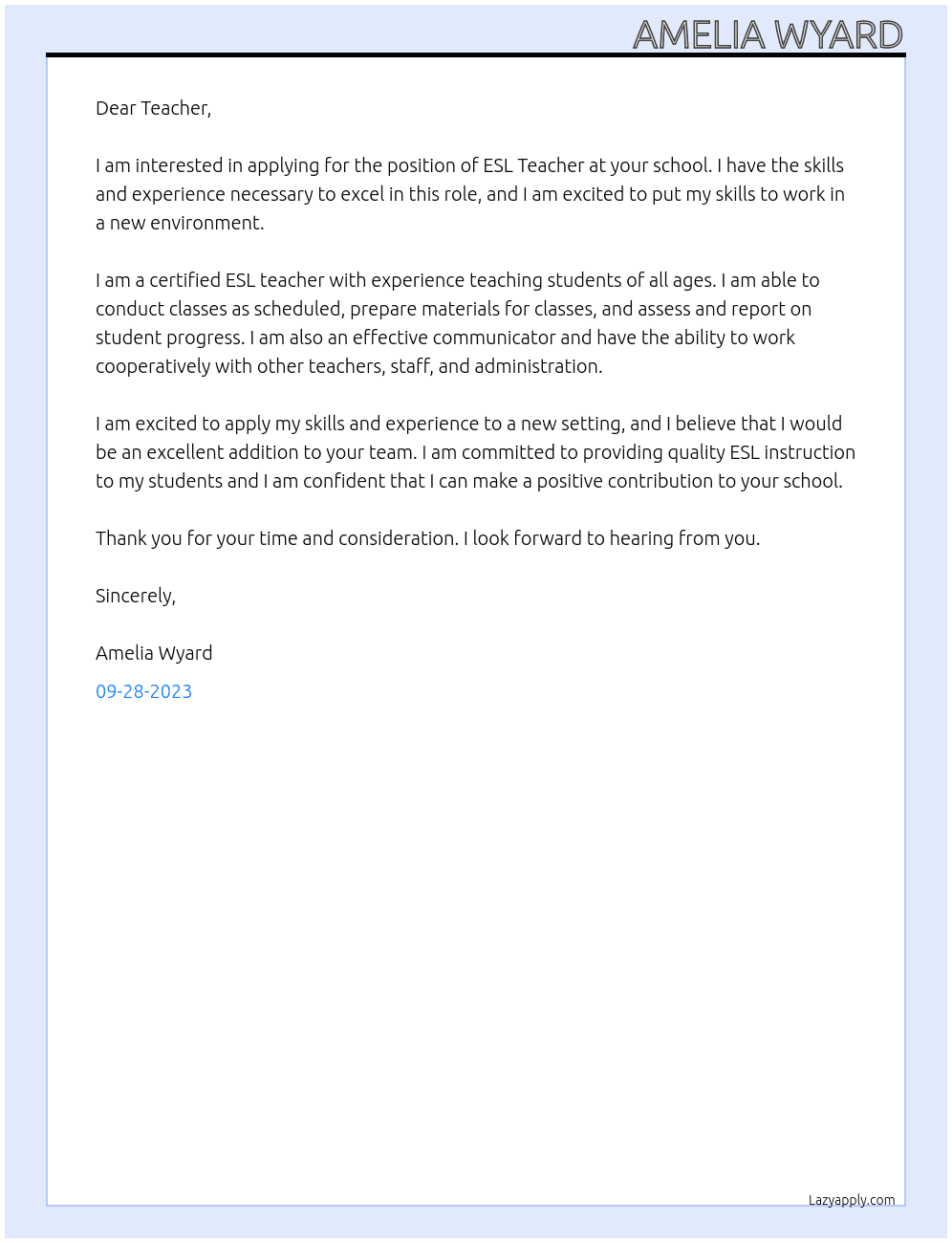 esl teacher At teacher Cover Letter