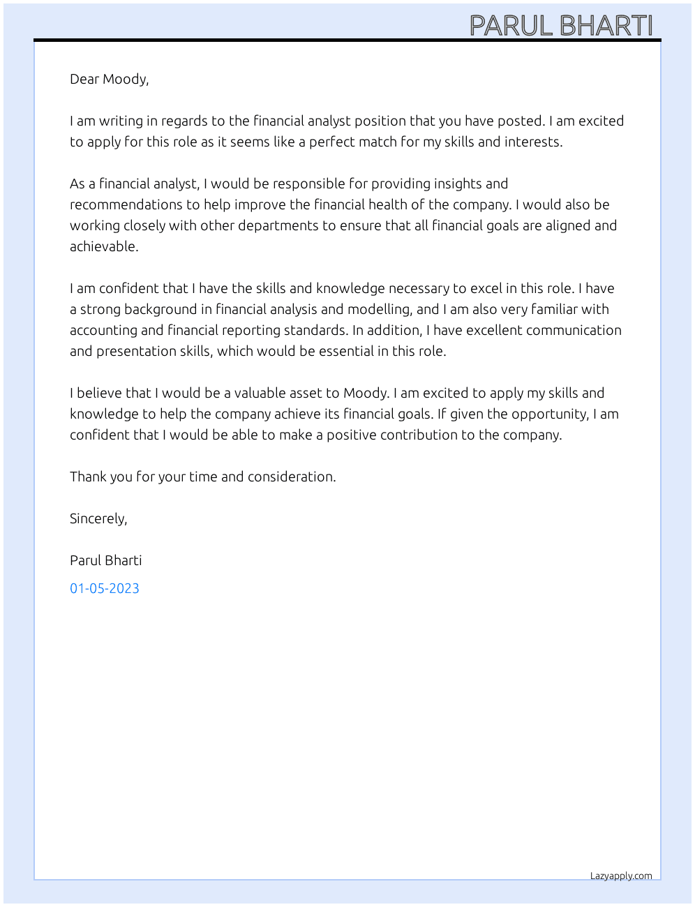 Financial analyst  At Moody Cover Letter