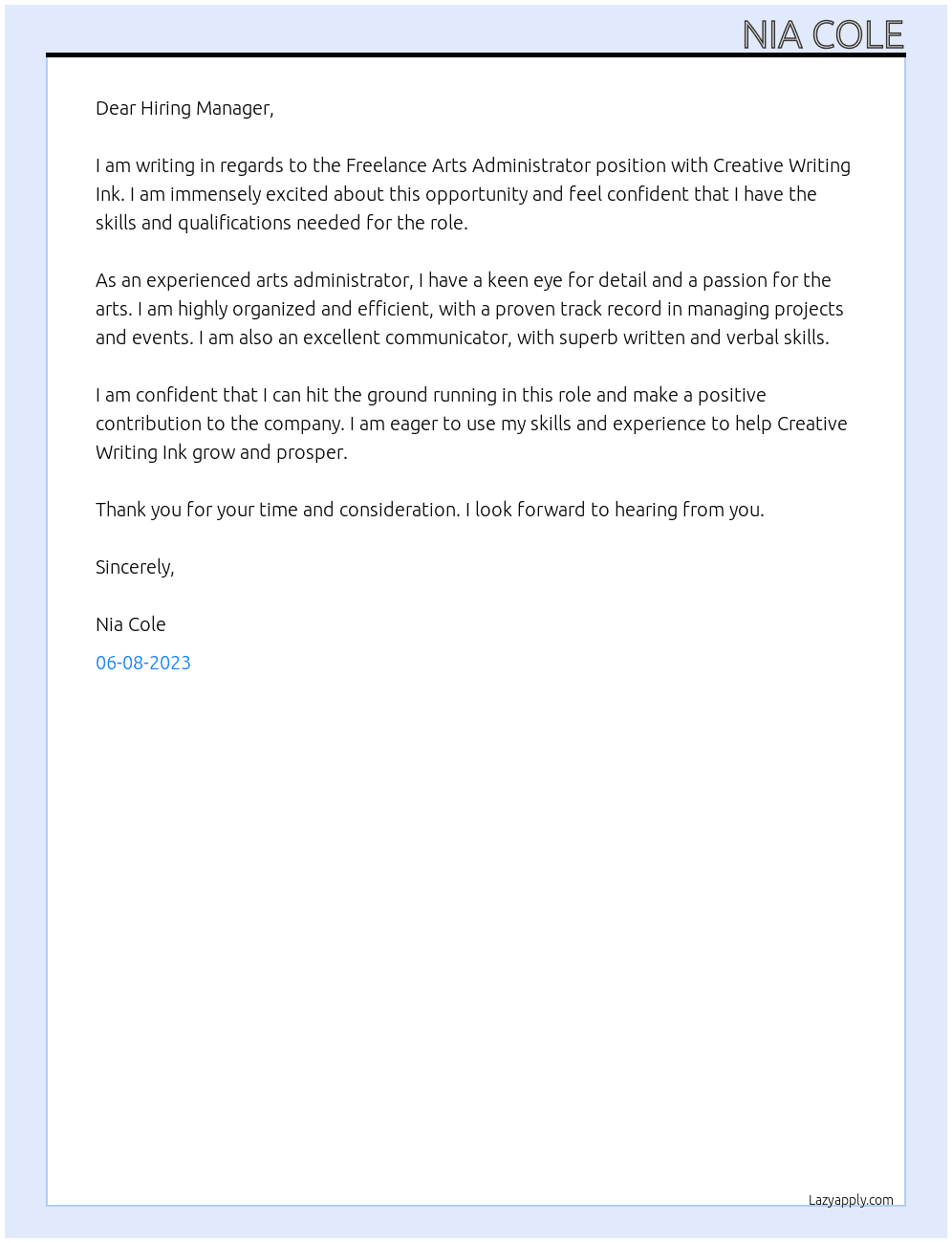 Freelance Arts Administrator At Creative Writing Ink Cover Letter