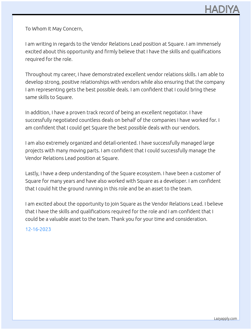 Vendor Relations Lead At Square Cover Letter