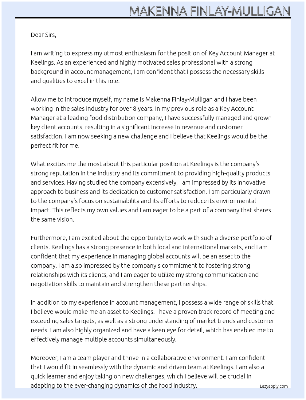 Key Acccount Manager At Keelings Cover Letter