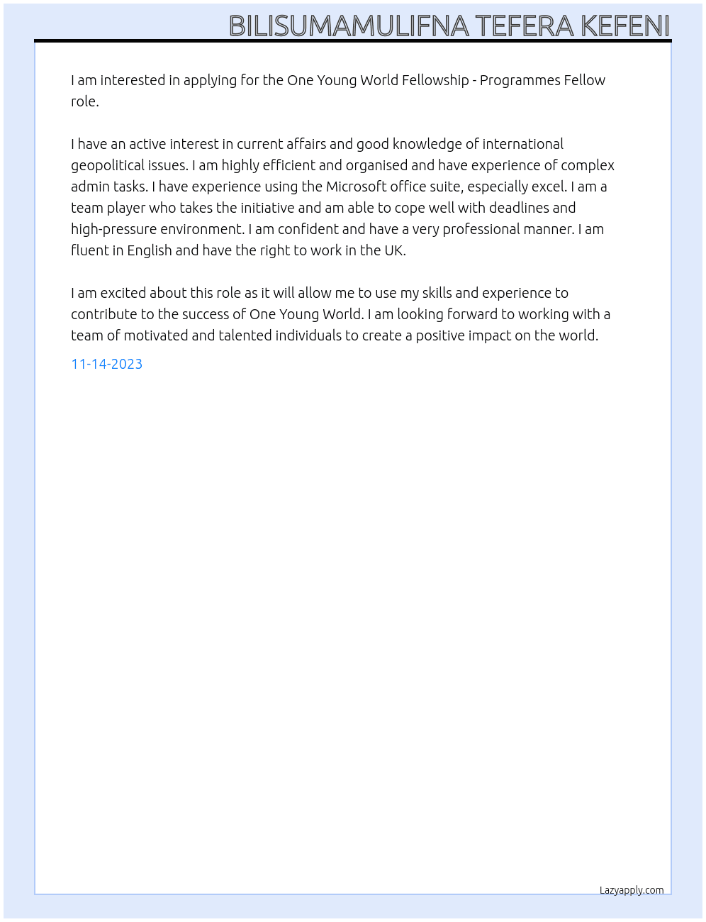 One Young World Fellowship - Programmes Fellow At ONE YOUNG WORLD Cover Letter