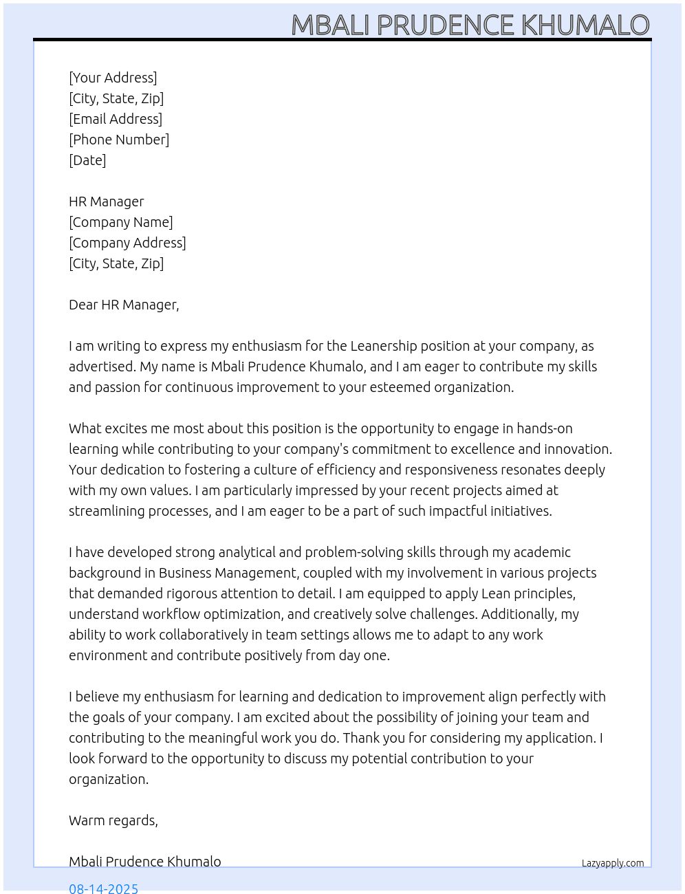 Leanership At at your company Cover Letter